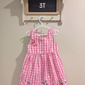 Charming Pink Checkered Kids Dress with Floral Details